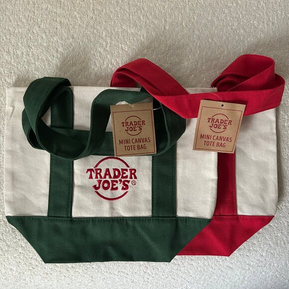 Trader Joe'S Other - Trader Joe’s Mini Canvas Tote Bags Set of 2 – Red & Green NWT Reusable Sturdy